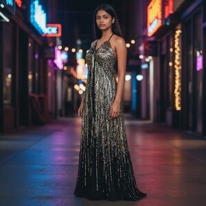 vtg RIVA DESIGNS sz 4 (XS) Sequin Maxi Dress Backless SOME FLAWS  Dramatic Flare